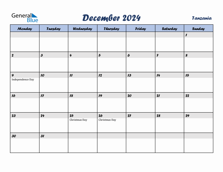 December 2024 Calendar with Holidays in Tanzania