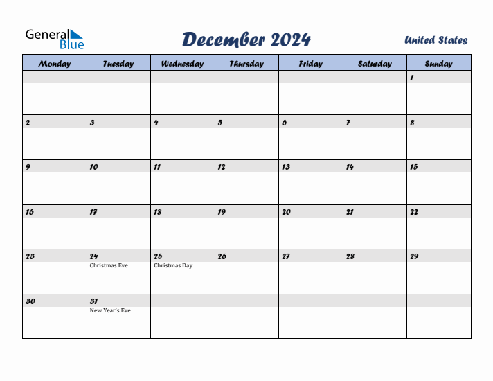 December 2024 Calendar with Holidays in United States