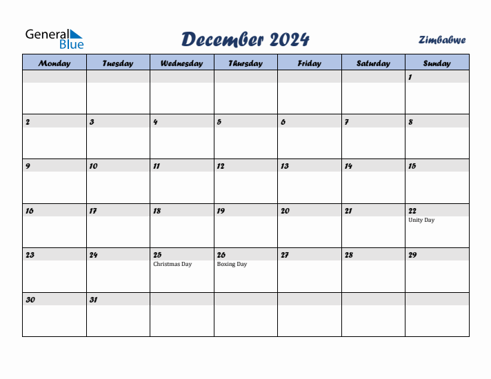 December 2024 Calendar with Holidays in Zimbabwe