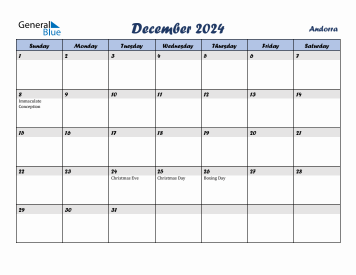 December 2024 Calendar with Holidays in Andorra