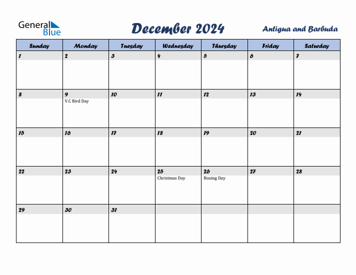 December 2024 Calendar with Holidays in Antigua and Barbuda