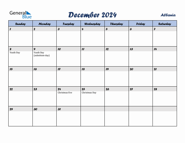December 2024 Calendar with Holidays in Albania