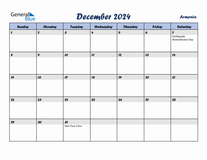 December 2024 Calendar with Holidays in Armenia