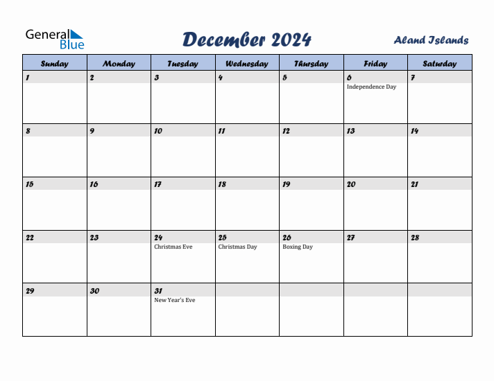 December 2024 Calendar with Holidays in Aland Islands