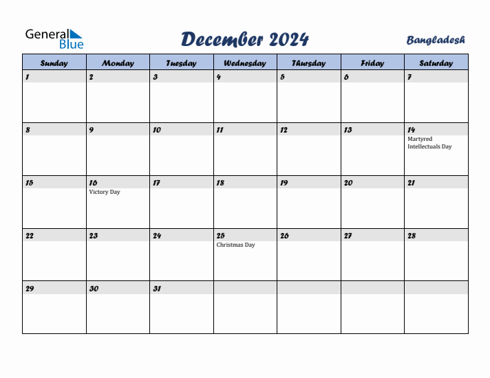 December 2024 Calendar with Holidays in Bangladesh