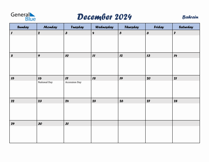 December 2024 Calendar with Holidays in Bahrain