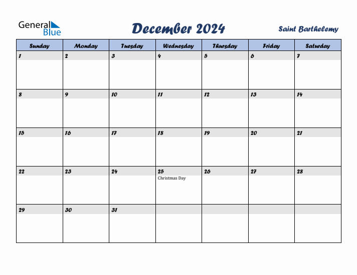 December 2024 Calendar with Holidays in Saint Barthelemy