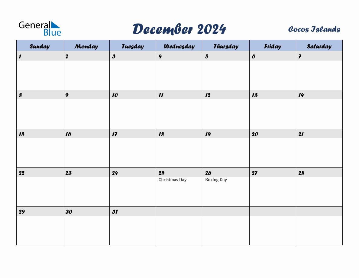 December 2024 Monthly Calendar Template with Holidays for Cocos Islands