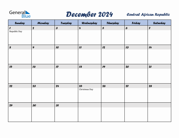 December 2024 Calendar with Holidays in Central African Republic