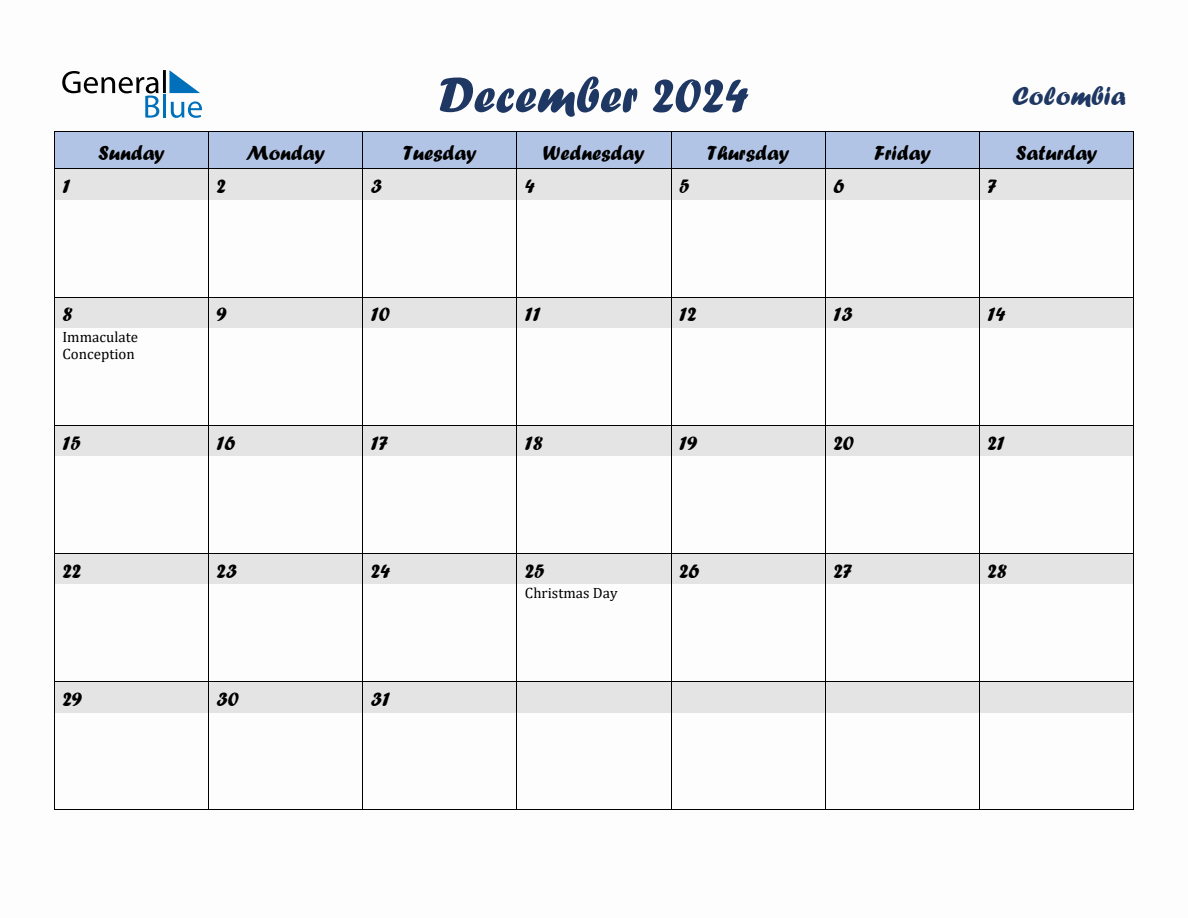 December 2024 Monthly Calendar Template with Holidays for Colombia