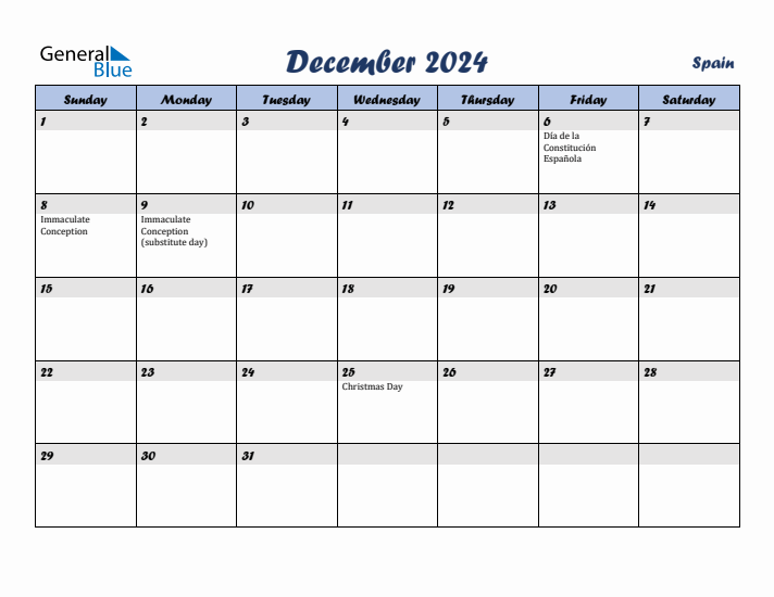 December 2024 Calendar with Holidays in Spain