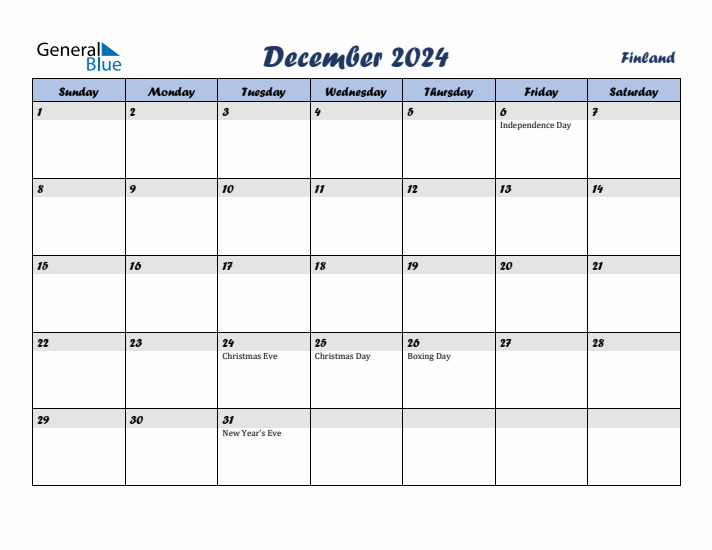 December 2024 Calendar with Holidays in Finland