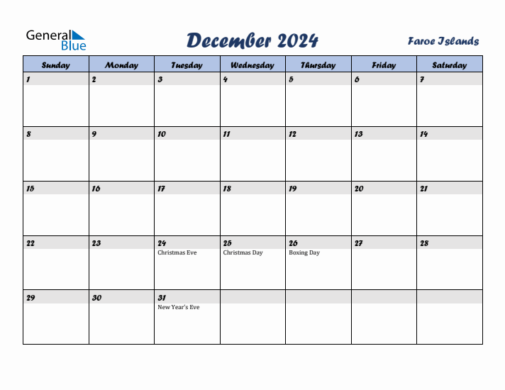 December 2024 Calendar with Holidays in Faroe Islands