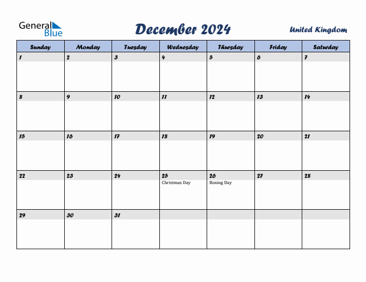 December 2024 Calendar with Holidays in United Kingdom