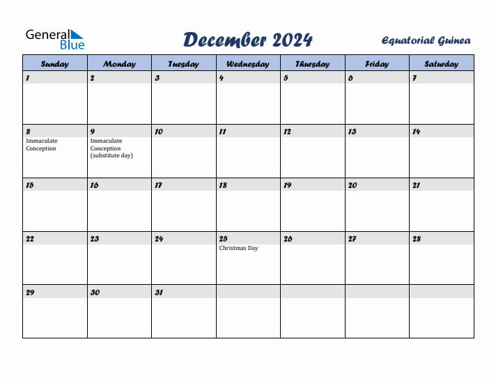 December 2024 Calendar with Holidays in Equatorial Guinea