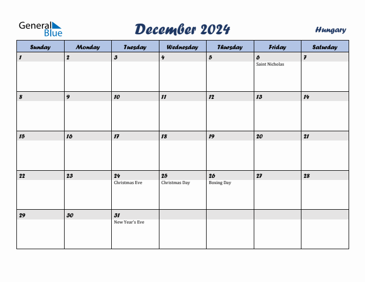 December 2024 Calendar with Holidays in Hungary