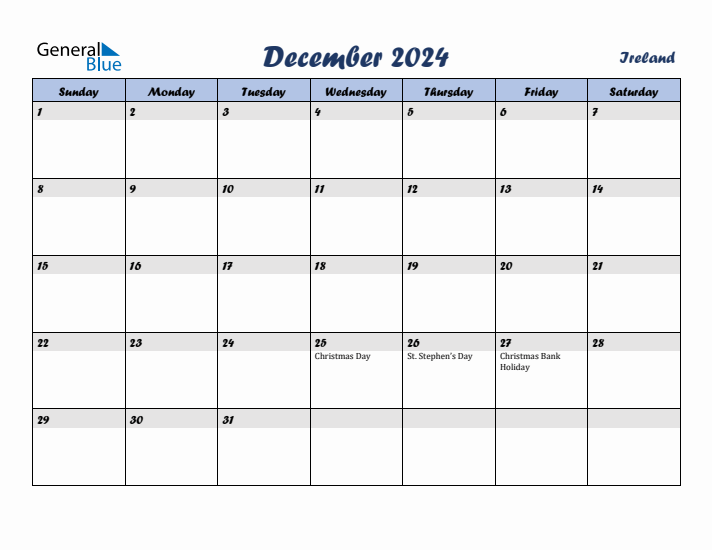 December 2024 Monthly Calendar Template with Holidays for Ireland