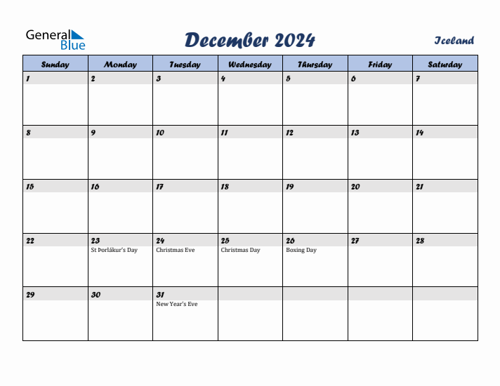 December 2024 Calendar with Holidays in Iceland