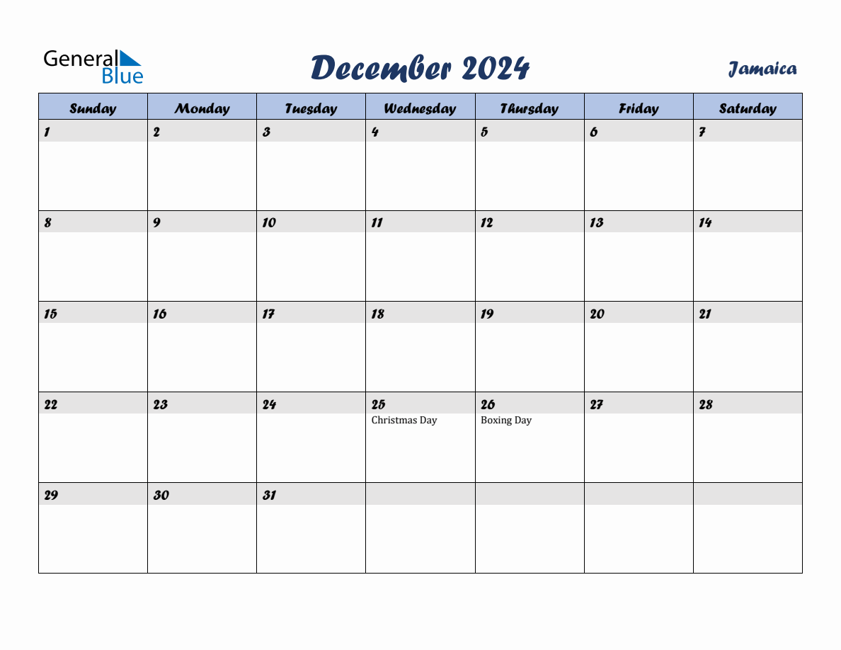 December 2024 Monthly Calendar Template with Holidays for Jamaica