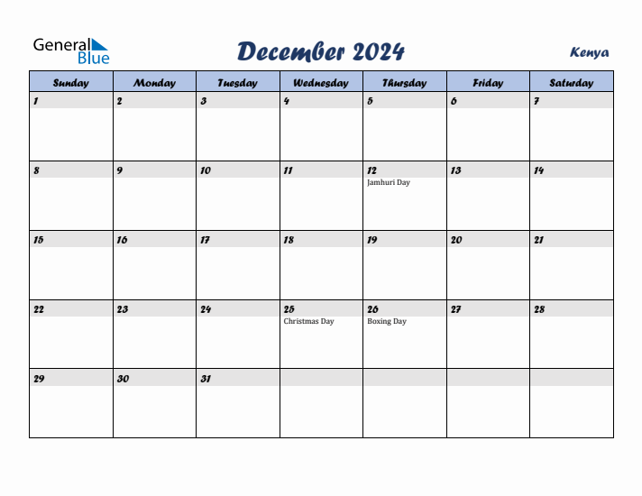 December 2024 Monthly Calendar with Kenya Holidays
