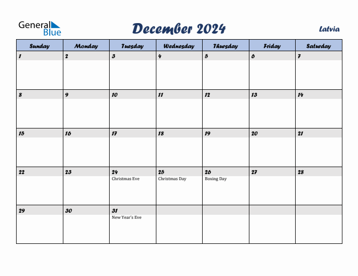 December 2024 Calendar with Holidays in Latvia