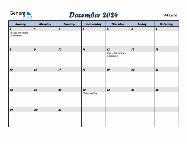 December 2024 Calendar with Holidays in Mexico
