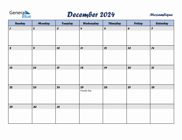 December 2024 Calendar with Holidays in Mozambique