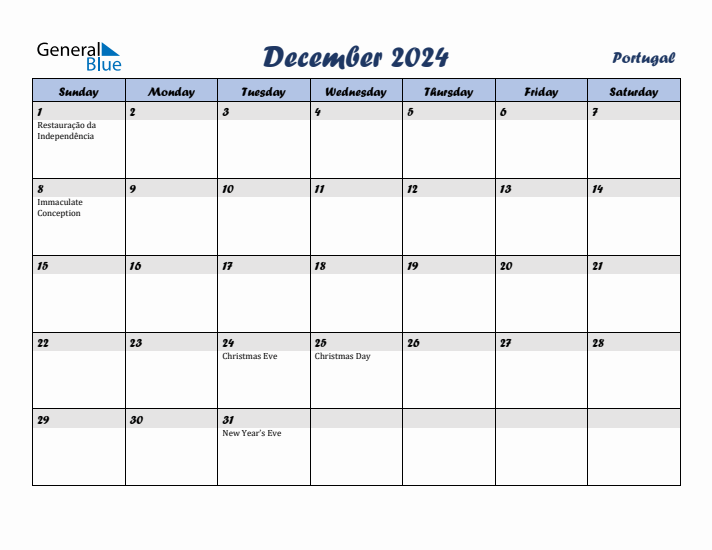 December 2024 Calendar with Holidays in Portugal