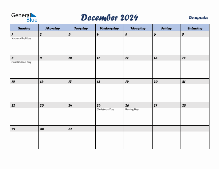 December 2024 Calendar with Holidays in Romania