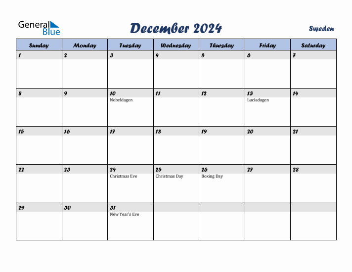 December 2024 Monthly Calendar with Sweden Holidays