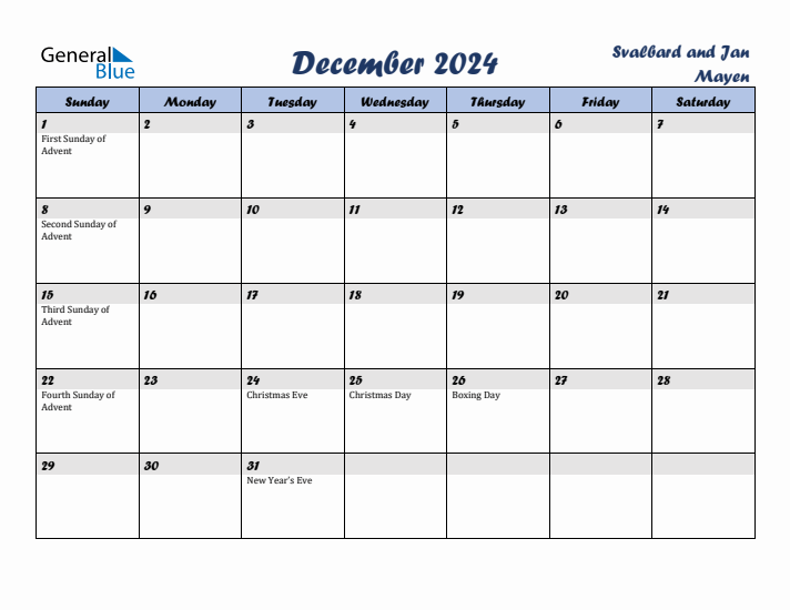 December 2024 Calendar with Holidays in Svalbard and Jan Mayen