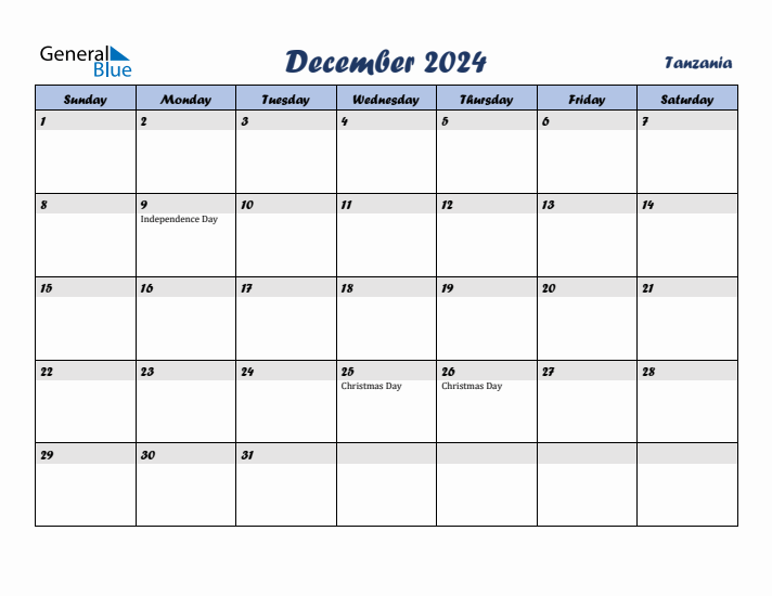 December 2024 Calendar with Holidays in Tanzania
