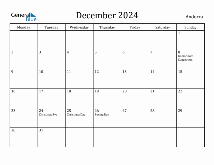 December 2024 Andorra Monthly Calendar with Holidays