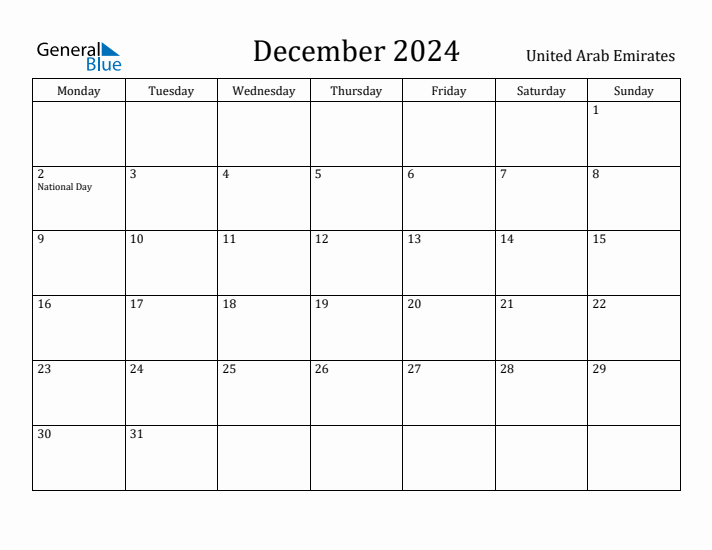 December 2024 Calendar United Arab Emirates