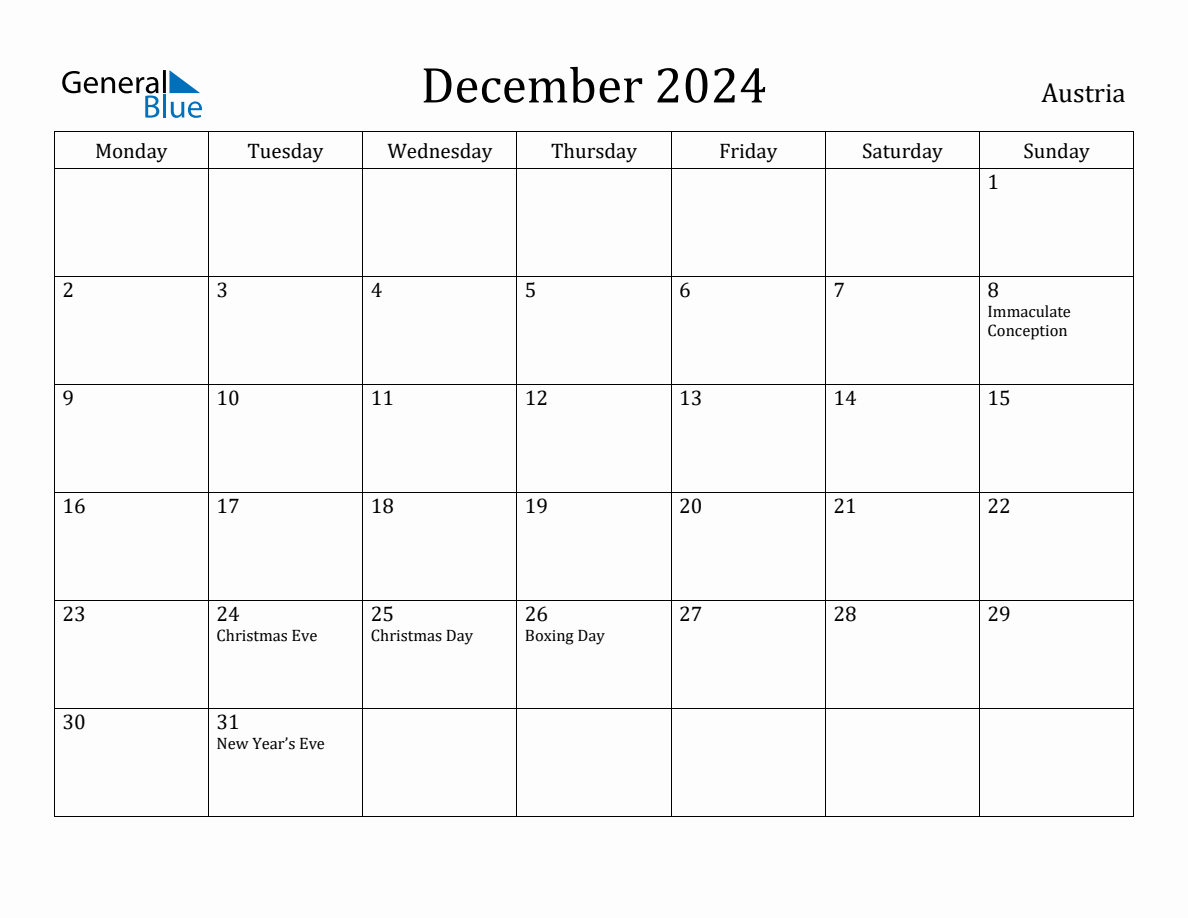 December 2024 Austria Monthly Calendar with Holidays