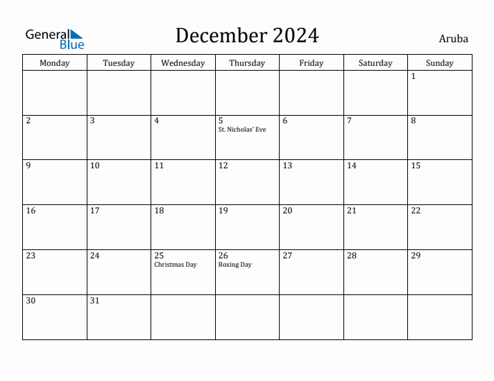 December 2024 Aruba Monthly Calendar with Holidays