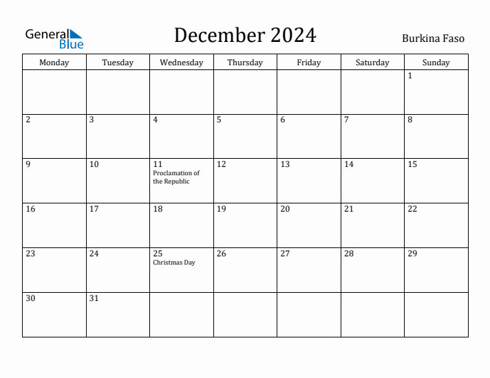 December 2024 Calendar Burkina Faso