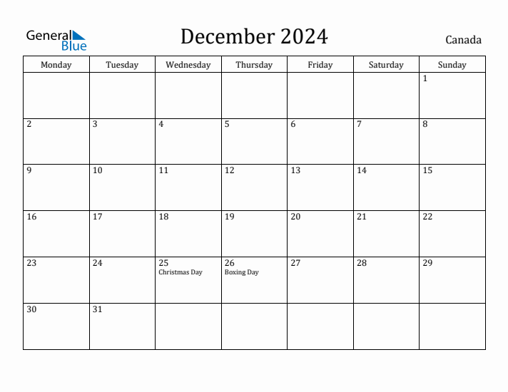 December 2024 Monthly Calendar with Canada Holidays