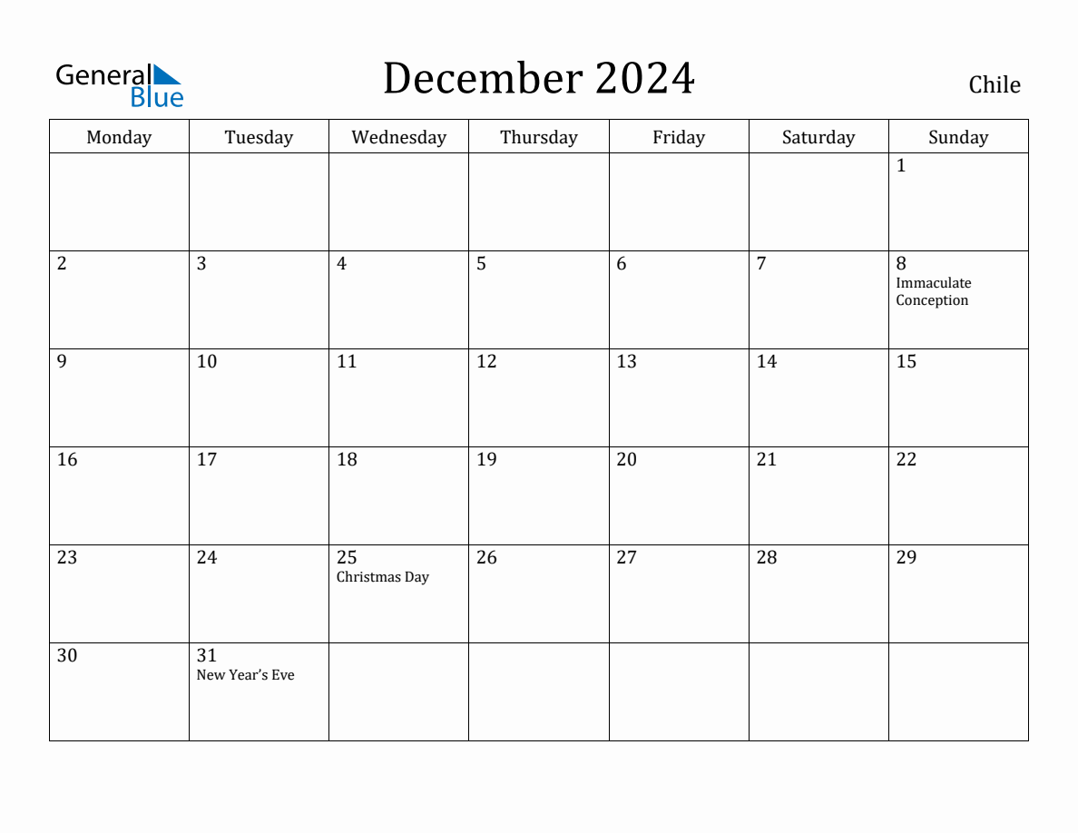 December 2024 Chile Monthly Calendar with Holidays