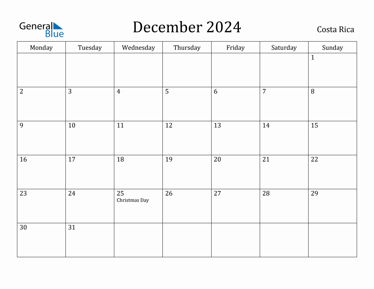 December 2024 Costa Rica Monthly Calendar with Holidays