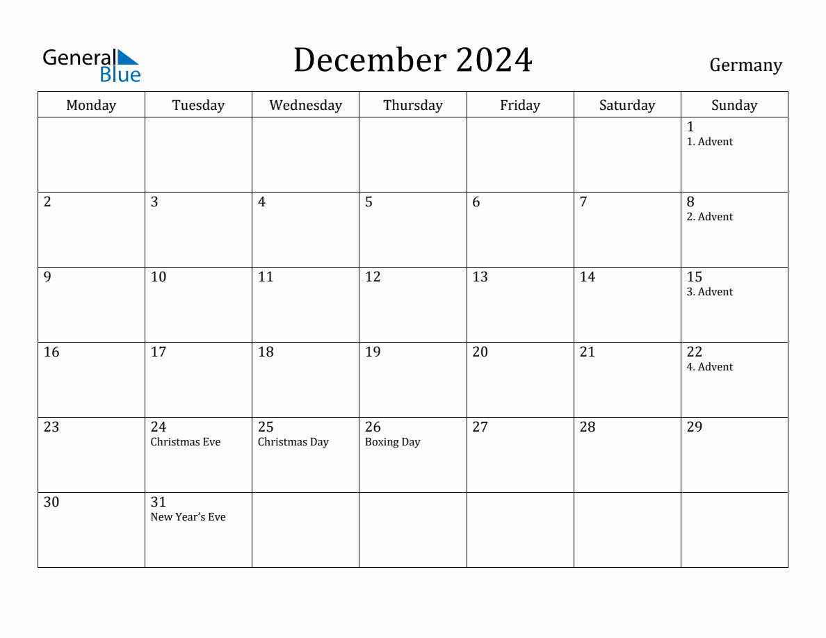 December 2024 Germany Monthly Calendar with Holidays