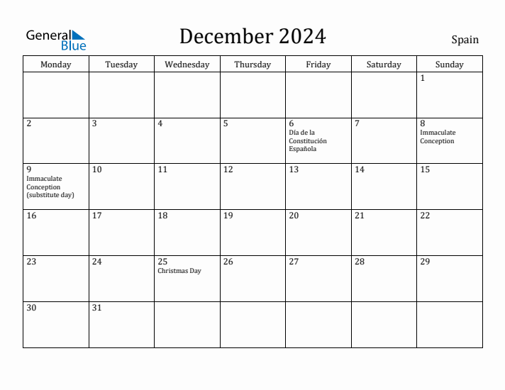 December 2024 Calendar Spain