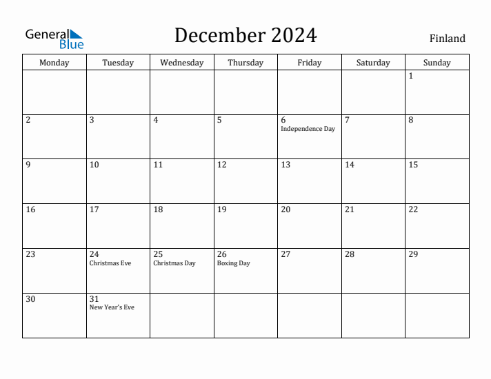 December 2024 Finland Monthly Calendar with Holidays
