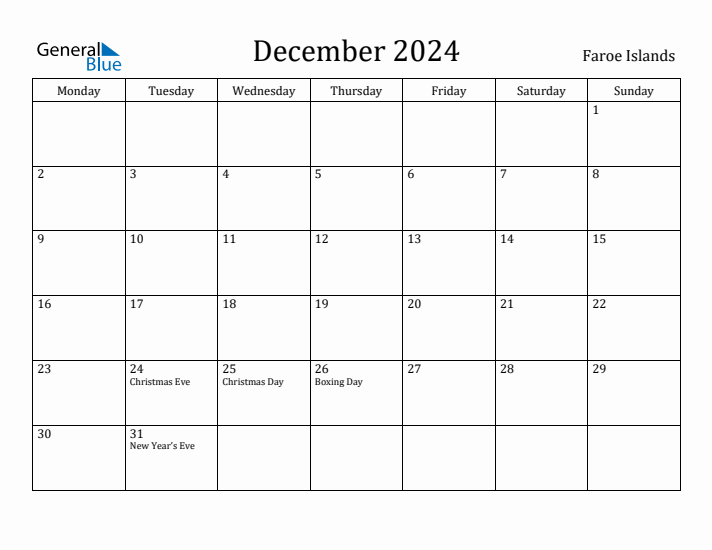 December 2024 Faroe Islands Monthly Calendar with Holidays