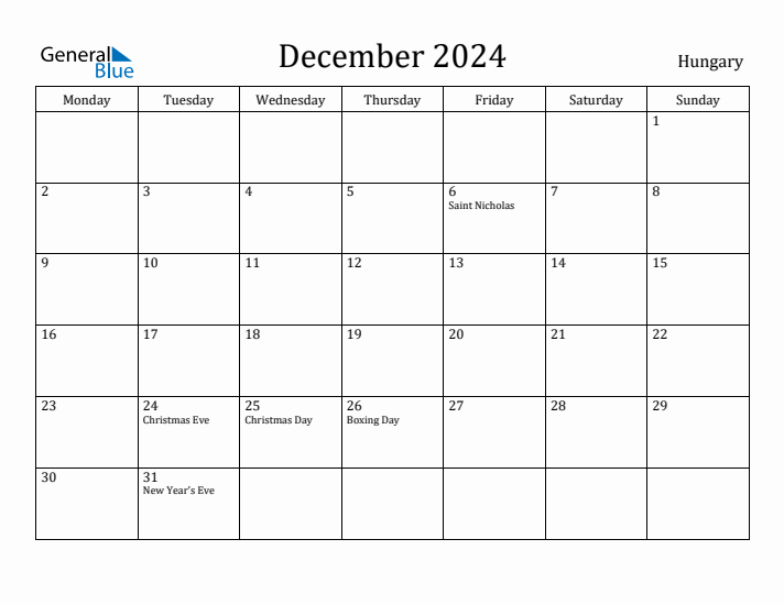 December 2024 Calendar Hungary