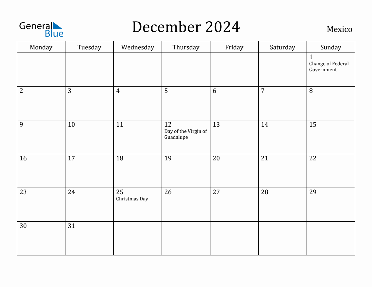 December 2024 Mexico Monthly Calendar with Holidays