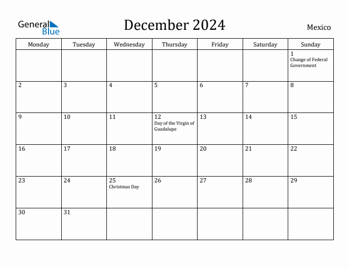 December 2024 Mexico Monthly Calendar with Holidays