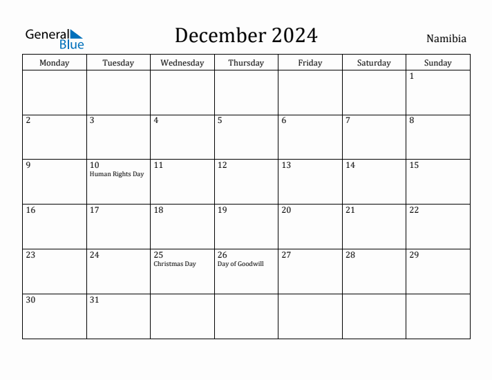 December 2024 Calendar Namibia