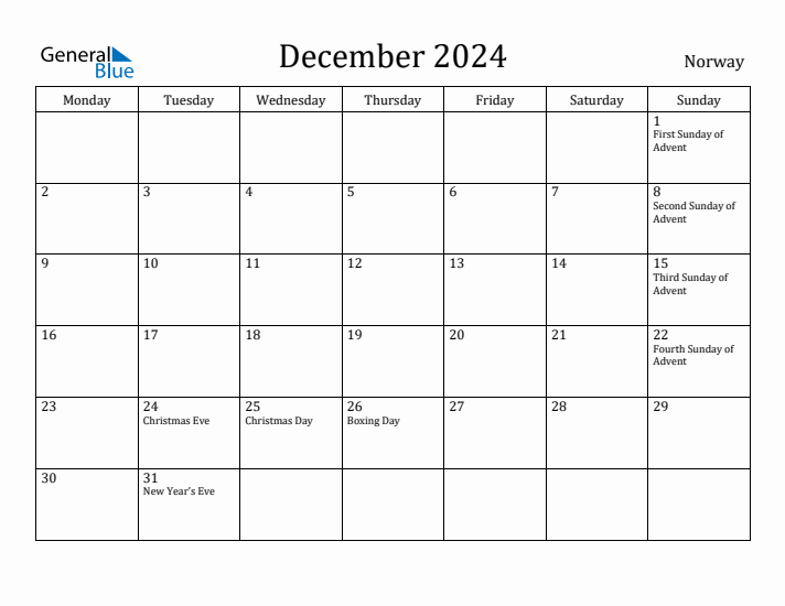 December 2024 Calendar Norway