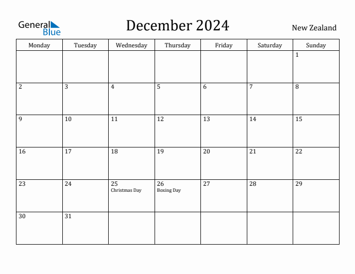 December 2024 New Zealand Monthly Calendar with Holidays